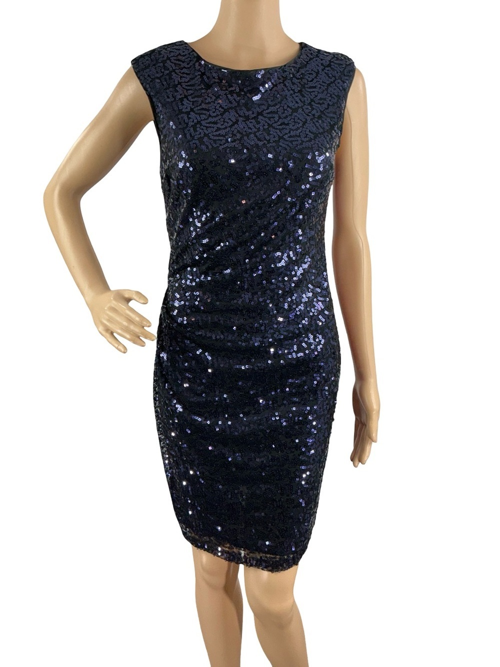 Cache Navy Sequin Bodycon Cocktail Party Dress Y2K Formal Open Back Size 2